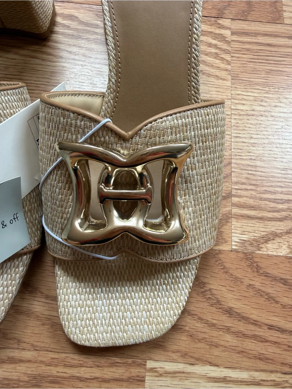 NWT A New Day Tan Raffia Gold Buckle Block Heel Sandals Size 11